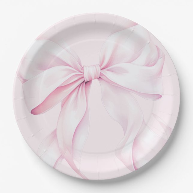  Elegant Pink Bow Baby Shower Paper Plates (Front)