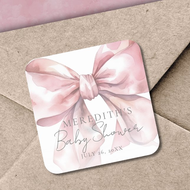 Elegant Pink Bow Baby Shower Square Sticker (Elegant Pink Bow Baby Shower Square Sticker)