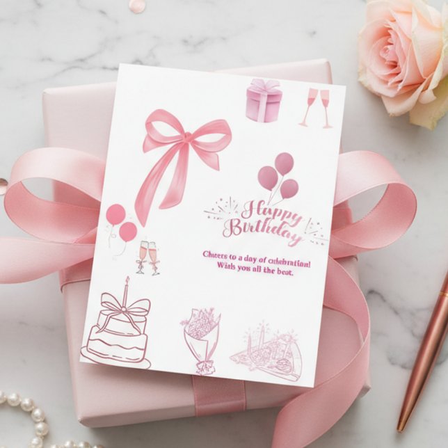 Elegant Pink Bow & Balloons Happy Birthday Card (Creator Uploaded)
