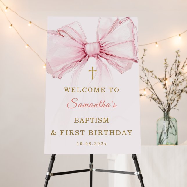 Elegant Pink Bow Baptism and Birthday Welcome  Foam Board (In Situ (Stand))