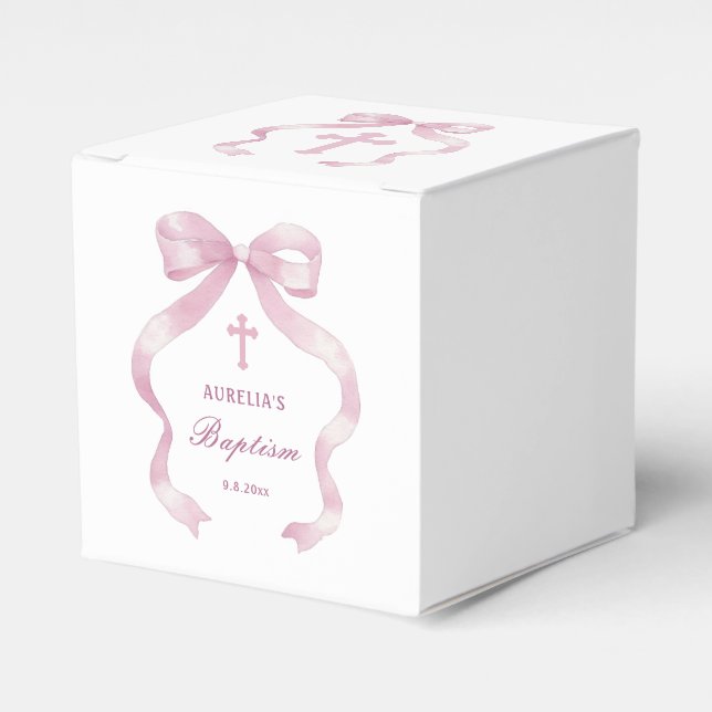 Elegant Pink Bow Baptism Cube Favor Boxes (Front Side)