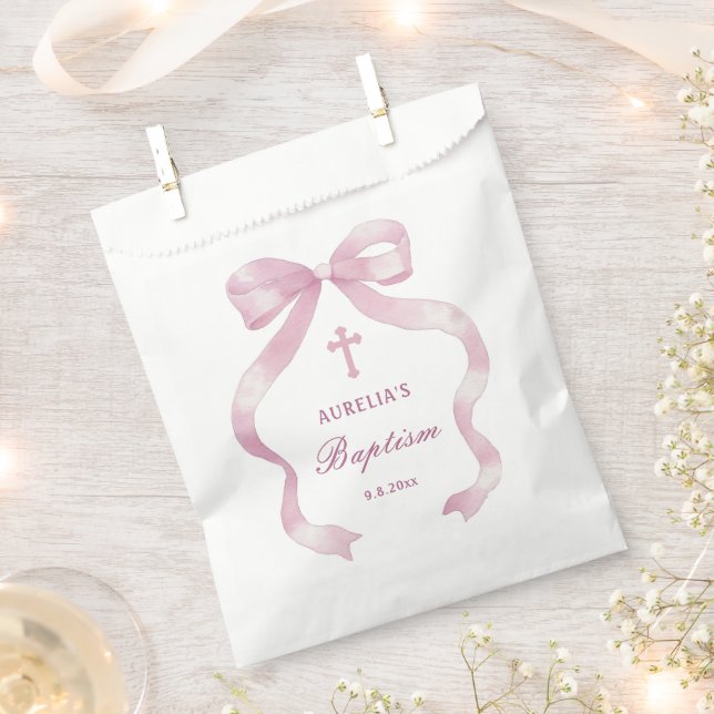 Elegant Pink Bow Baptism Favor Bag (Clipped)
