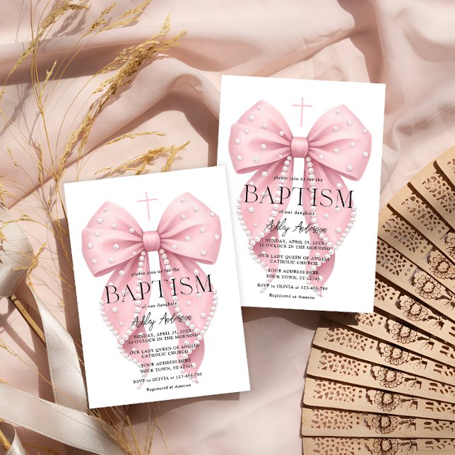 Elegant Pink Bow Baptism Girl Invitation (Creator Uploaded)