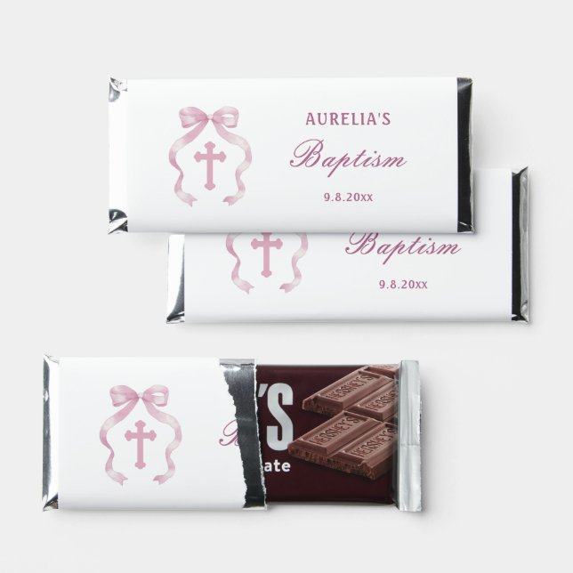 Elegant Pink Bow Baptism Hershey Bar Favors (Front)