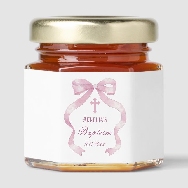 Elegant Pink Bow Baptism Honey Jar Favors (Front)