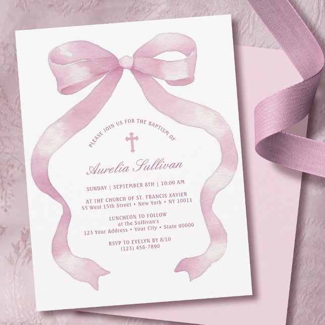 Elegant Pink Bow Baptism Invitation (Creator Uploaded)