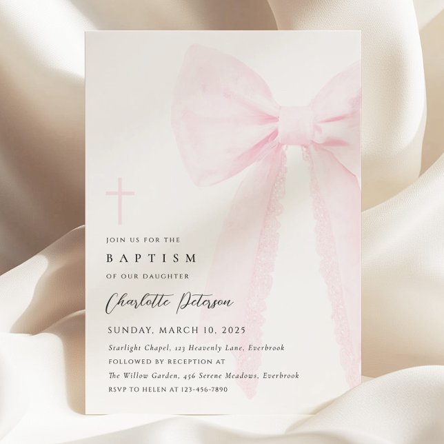 Elegant Pink Bow Baptism Invitation (Creator Uploaded)
