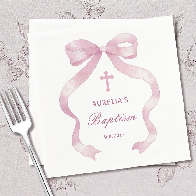 Elegant Pink Bow Baptism Napkins (Creator Uploaded)