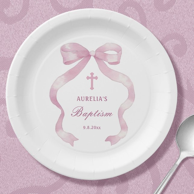 Elegant Pink Bow Baptism Paper Plates (Creator Uploaded)