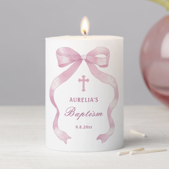 Elegant Pink Bow Baptism Pillar Candle (In Situ)