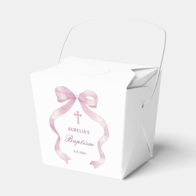 Elegant Pink Bow Baptism Take Out Favor Boxes (Front Side)