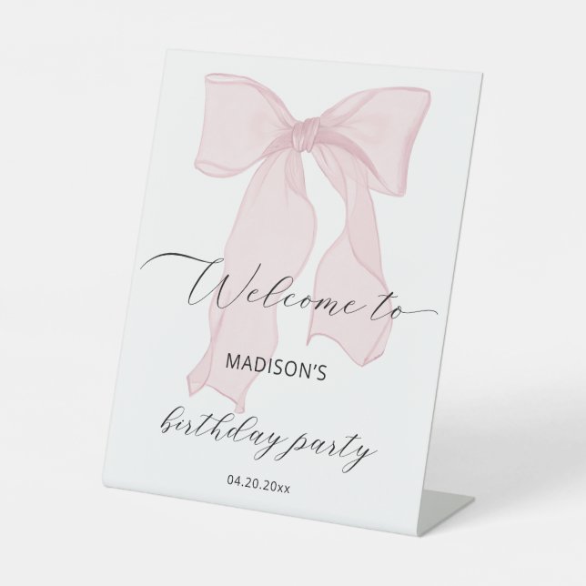 Elegant Pink Bow Birthday Party Welcome Pedestal Sign (Front)