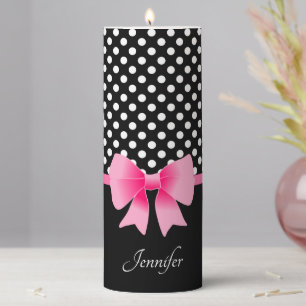 Elegant Pink Bow Black And White Custom Name Pillar Candle