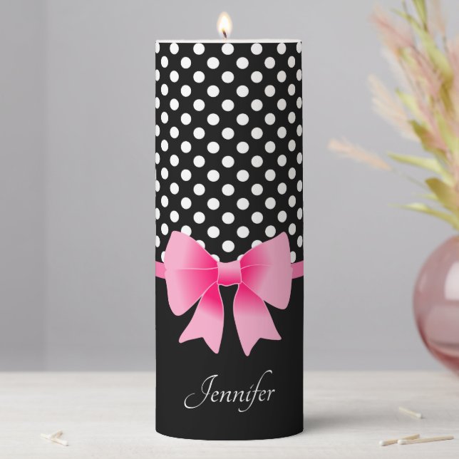 Elegant Pink Bow Black And White Custom Name Pillar Candle (In Situ)