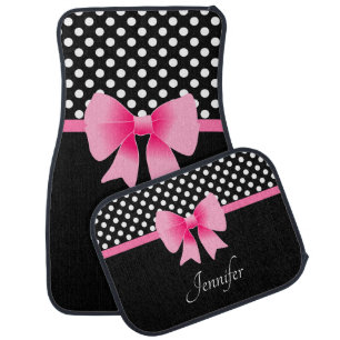 Elegant Pink Bow Black &  White Polka Dots Pattern Car Floor Mat