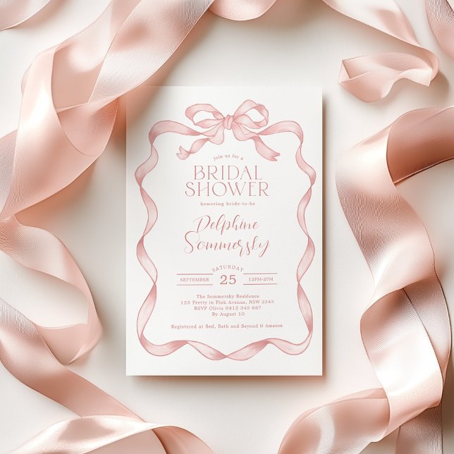 Elegant Pink Bow Blush Ribbon Bridal Shower Invitation (Creator Uploaded)