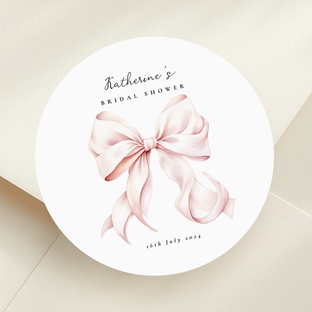 Elegant Pink Bow Bridal Shower Classic Round Sticker (Creator Uploaded)