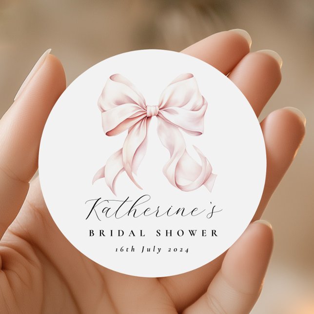 Elegant Pink Bow Bridal Shower Classic Round Sticker (Creator Uploaded)