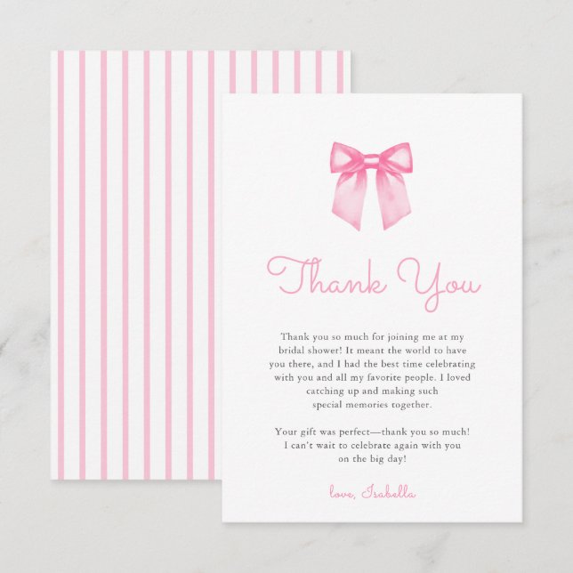Elegant Pink Bow Bridal Shower Thank You Card (Front/Back)