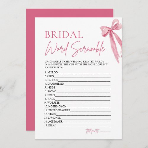 Elegant Pink Bow Bridal Word Scramble Game Invitation