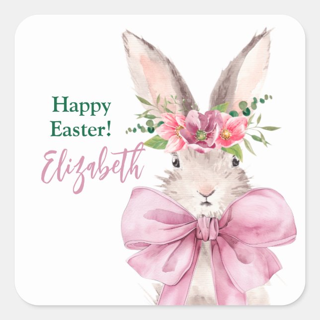 Elegant Pink bow bunny Happy easter rabbit  Square Sticker (Front)