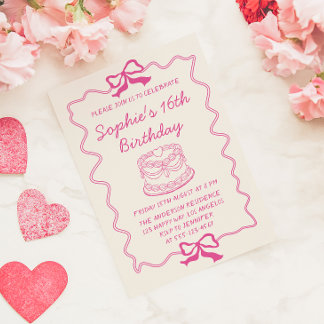 Elegant Pink Bow & Cake Sweet 16 Birthday Party Invitation