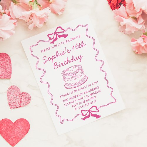 Elegant Pink Bow & Cake Sweet 16 Birthday Party