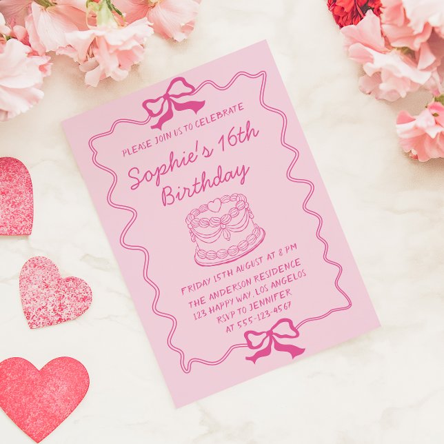 Elegant Pink Bow & Cake Sweet 16 Birthday Party Invitation (Creator Uploaded)