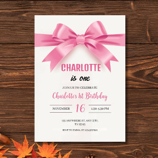 Elegant Pink Bow "Charlotte is One" First Birthday Invitation