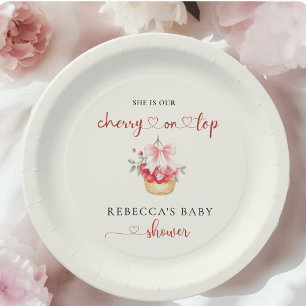 Elegant Pink Bow Cherry on Top Baby Shower Paper Plates
