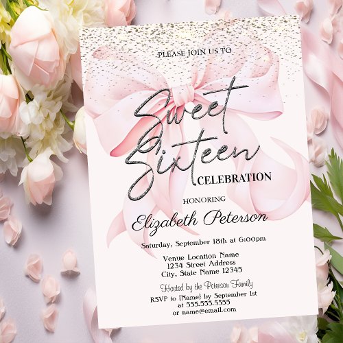 Elegant Pink Bow Confetti Sweet 16 Invitation