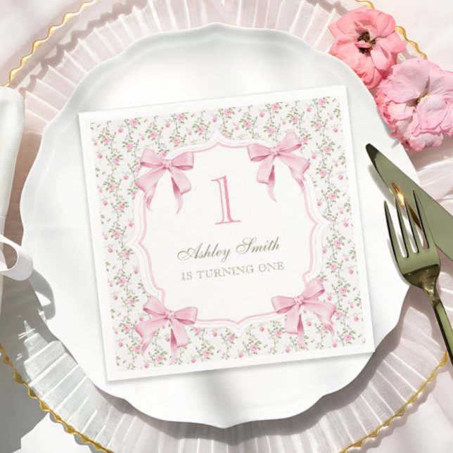 Elegant Pink Bow Coquette 1st Birthday Napkins (Creator Uploaded)
