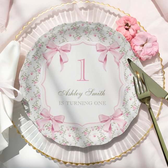 Elegant Pink Bow Coquette 1st Birthday Paper Plates (Creator Uploaded)