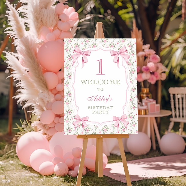 Elegant Pink Bow Coquette 1st Birthday Welcome Foam Board (Creator Uploaded)