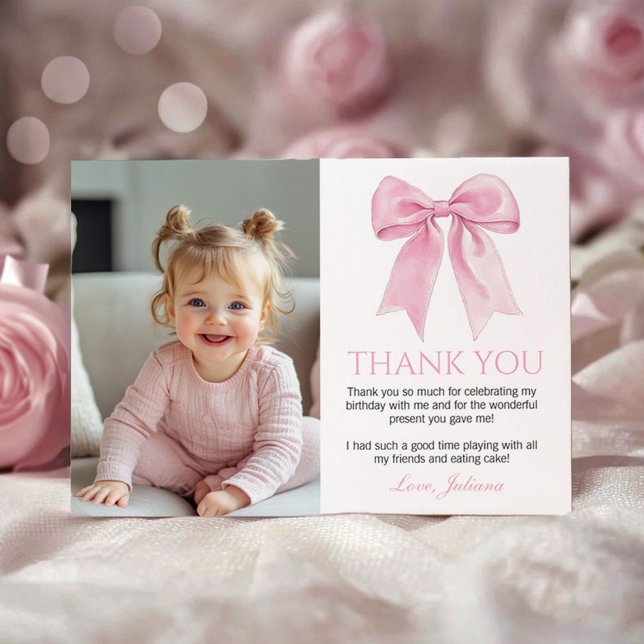 Elegant Pink Bow Coquette Birthday Photo Thank You Card (Creator Uploaded)