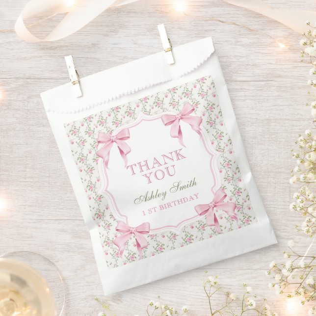 Elegant Pink Bow Coquette Birthday Thank you Favor Bag (Clipped)