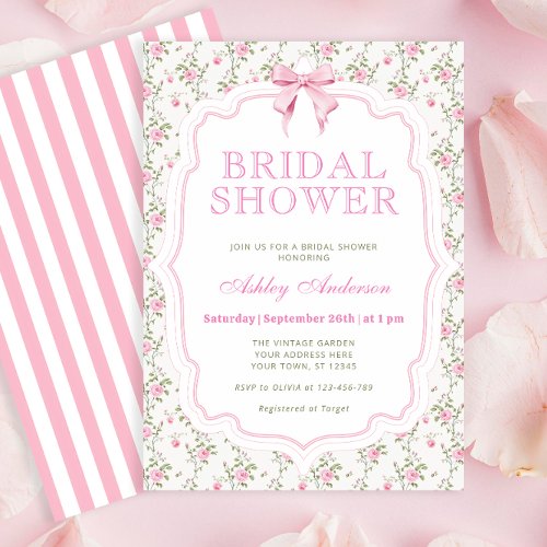 Elegant Pink Bow Coquette Bridal Shower Invitation