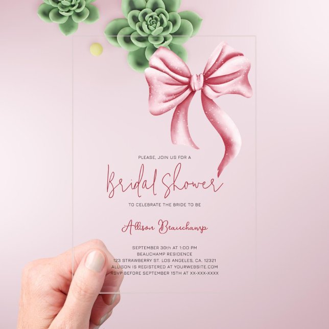 Elegant Pink Bow Coquette Bridal Shower Party Acrylic Invitations (Creator Uploaded)