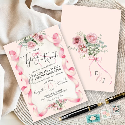 Elegant Pink Bow Coquette Floral Monogram Wedding Invitation