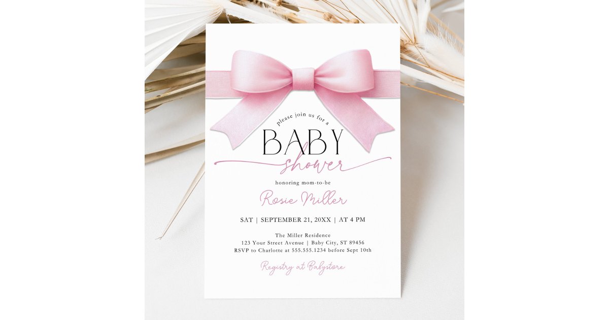 Elegant Pink Bow Coquette Girl Baby Shower Invitation | Zazzle