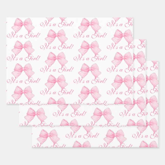 Elegant Pink Bow Coquette It's a Girl Baby Shower Wrapping Paper Sheets (Set)