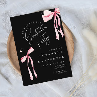 Elegant pink bow coquette photo black graduation  invitation