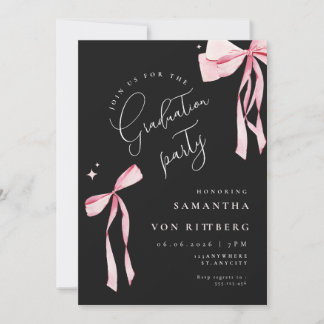 Elegant pink bow coquette photo black graduation invitation
