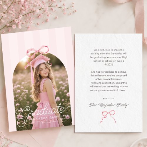 Elegant Pink Bow Coquette Photo Graduation Party Announcement