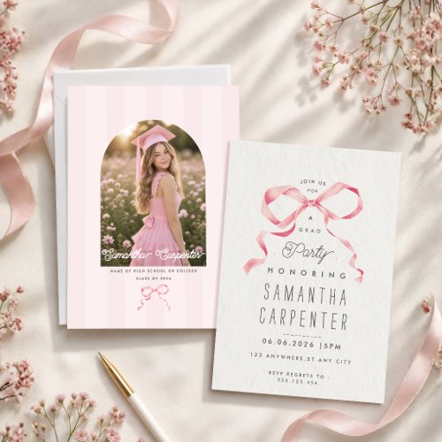 Elegant pink bow coquette photo grey graduation  invitation
