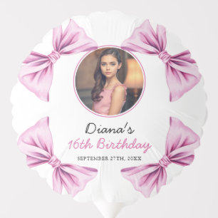 Elegant Pink Bow Coquette Photo Sweet 16 Birthday Balloon