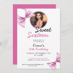 Elegant Pink Bow Coquette Photo Sweet 16 Birthday Invitation