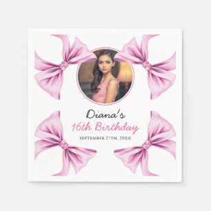 Elegant Pink Bow Coquette Photo Sweet 16 Birthday Napkins