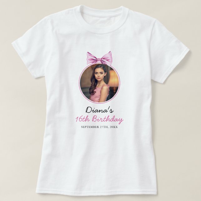 Elegant Pink Bow Coquette Photo Sweet 16 Birthday T-Shirt (Design Front)