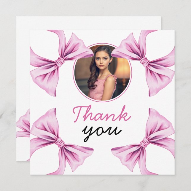 Elegant Pink Bow Coquette Photo Sweet 16 Birthday Thank You Card (Front/Back)